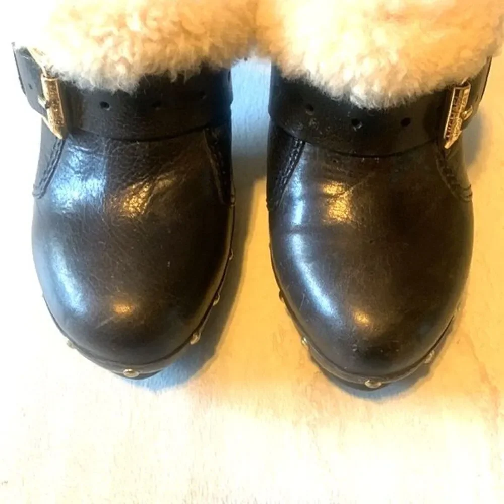 Michael Kors Studded Black Leather Wood Platform Clogs Size 9 Shearling Mules - Picture 6 of 12